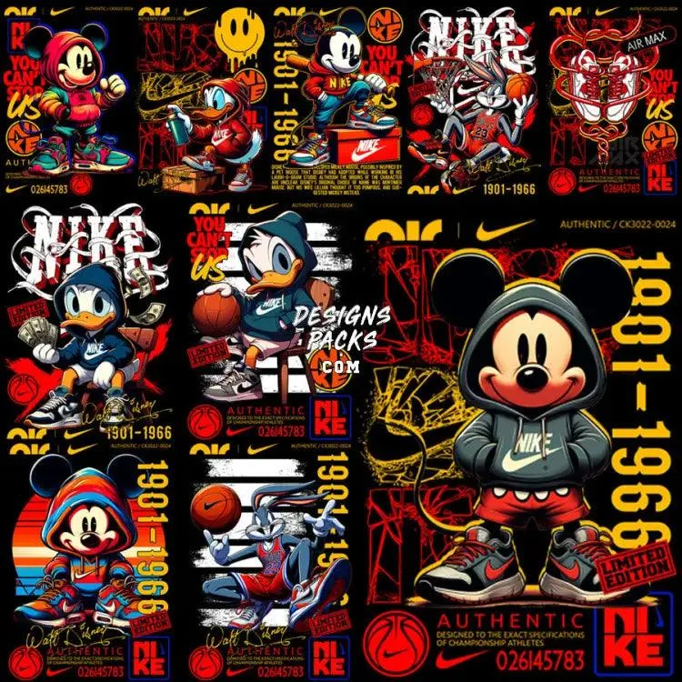 10 Swoosh Brand Cartoon Mouse Streetwear Designs Bundle PNG   PSD