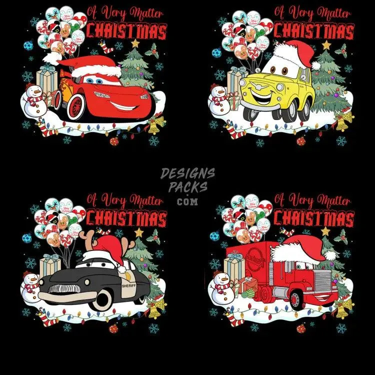 17 Cars Cartoon Christmas Designs Bundle PNG