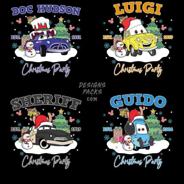 17 Cars Cartoon Christmas Designs Bundle PNG