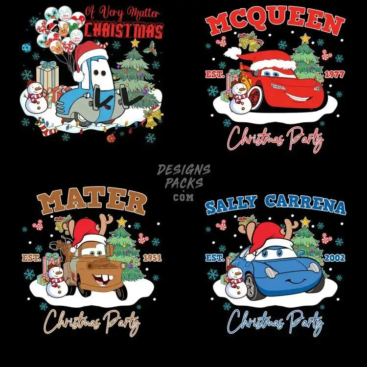 17 Cars Cartoon Christmas Designs Bundle PNG