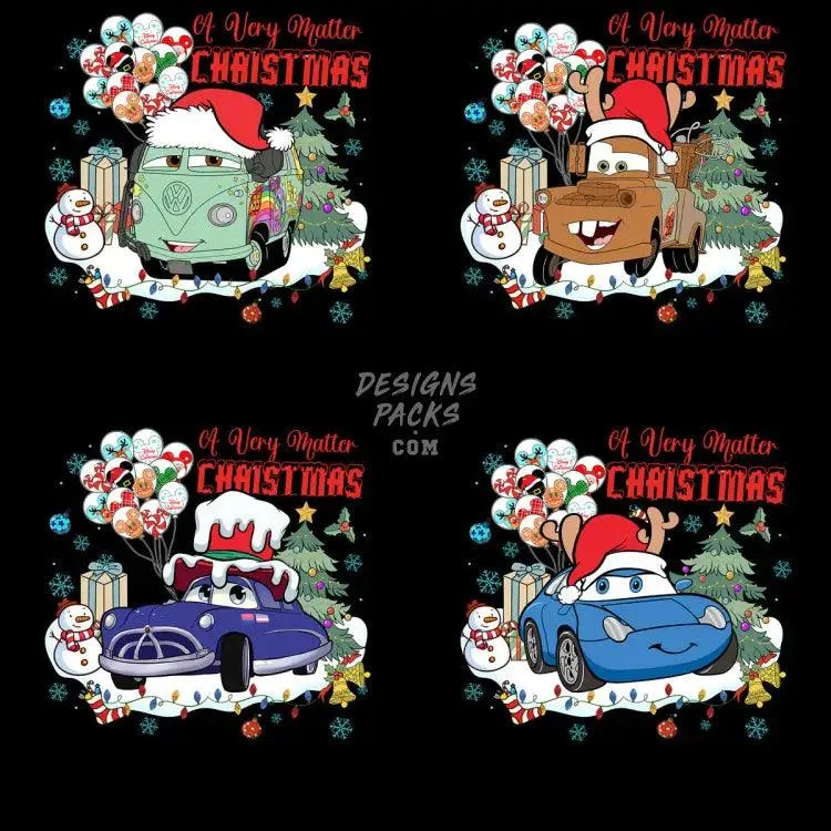 17 Cars Cartoon Christmas Designs Bundle PNG