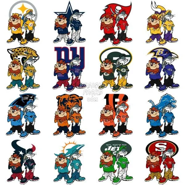 32 Cartoon BUGS TAZ Football Designs Bundle PNG