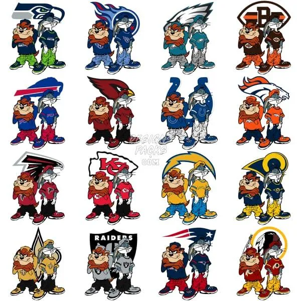 32 Cartoon BUGS TAZ Football Designs Bundle PNG