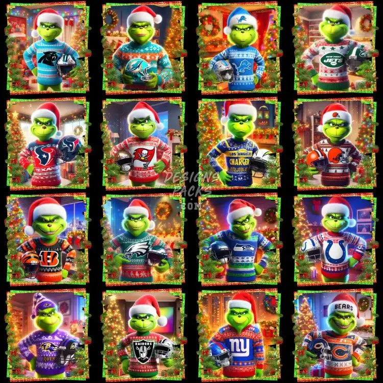 32 Grinch Cartoon CHRISTMAS Football Teams Designs Bundle PNG