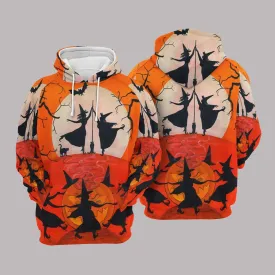 3D All Over Printed Funny Halloween Hoodie, Witch Dancing On The Moon Halloween Unisex Hoodies