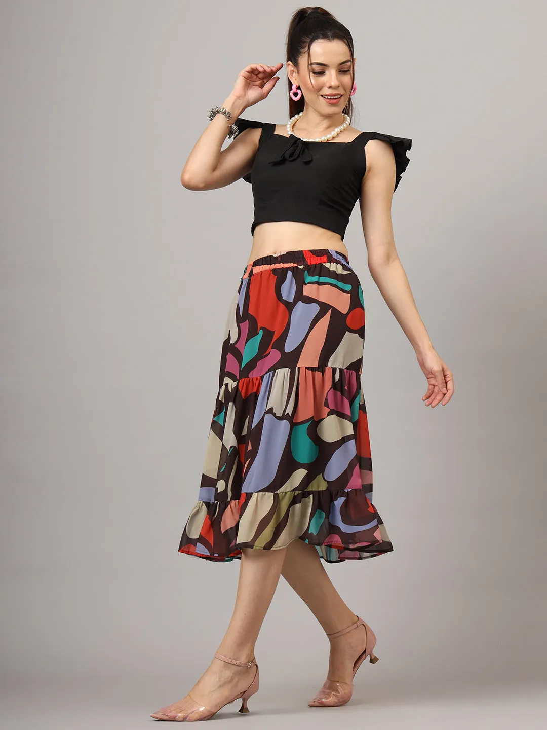 Abstract Printed Flared Midi Skirt