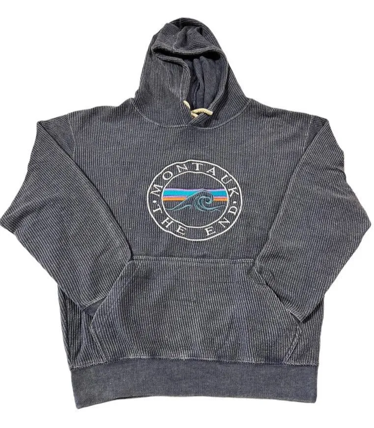 Adult Montauk The End Wave Full Chest Embroidered Logo Baja Pullover Hoodie in Denim