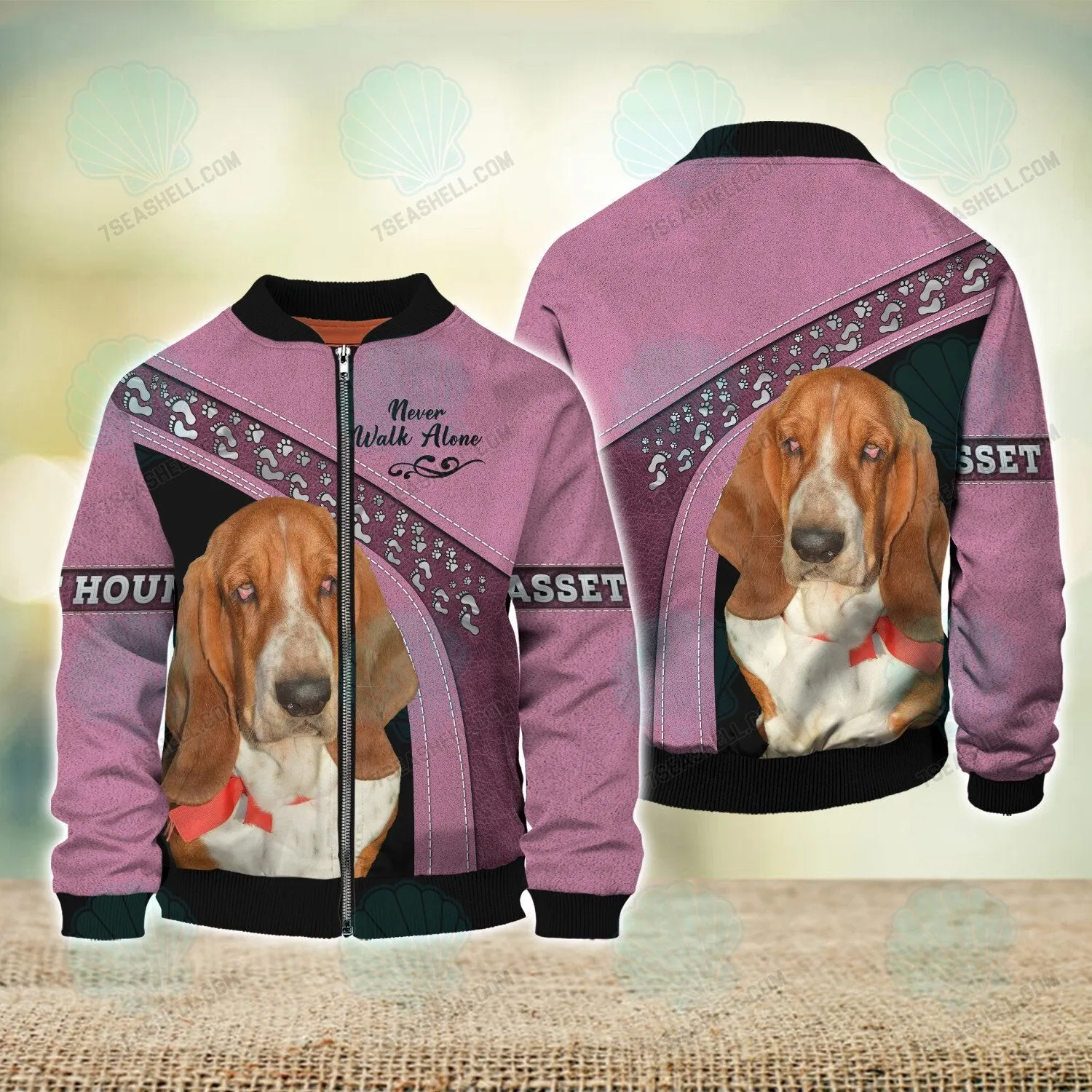 Basset Hound Love Pink Never Walk Alone 3D Full Print Shirts, Christmas Dog Memorial Gifts for loss of Dog