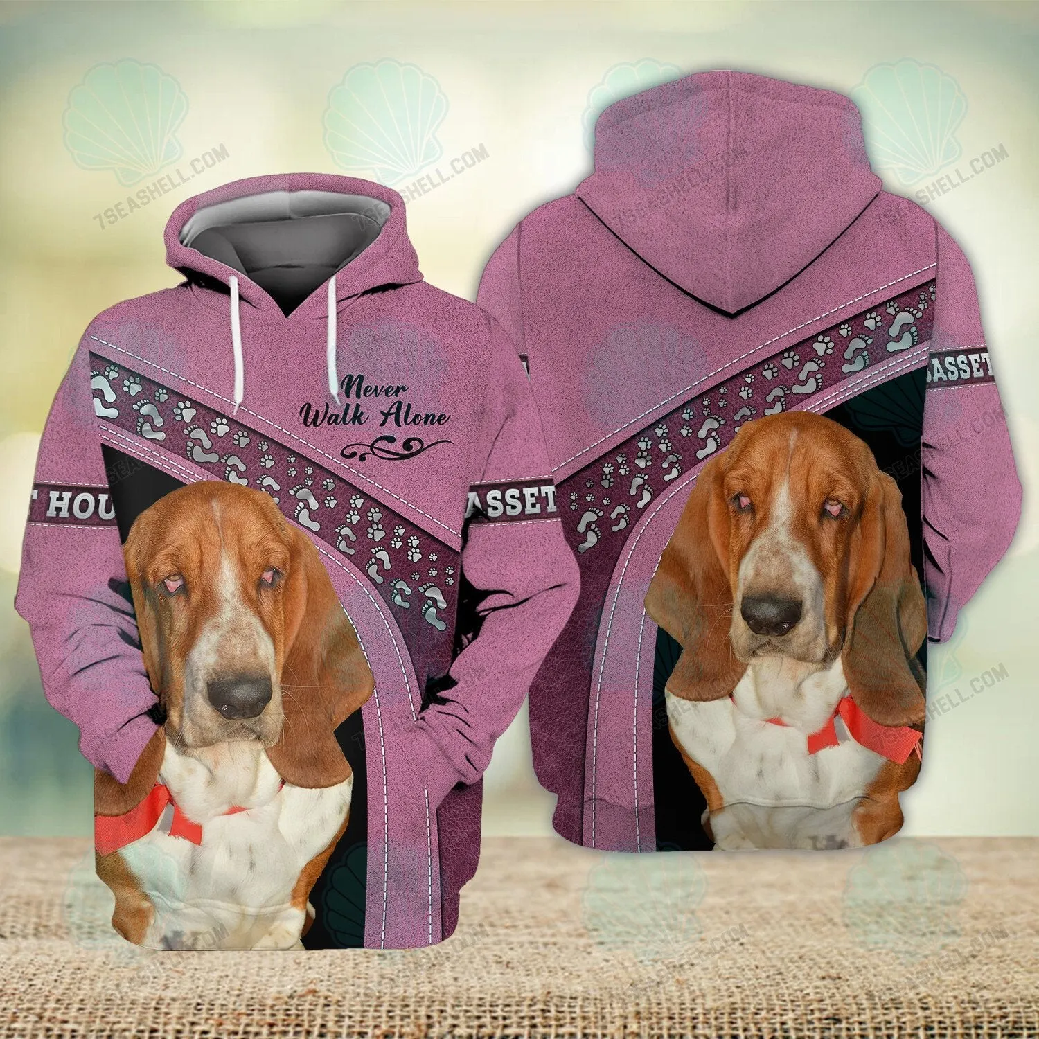 Basset Hound Love Pink Never Walk Alone 3D Full Print Shirts, Christmas Dog Memorial Gifts for loss of Dog