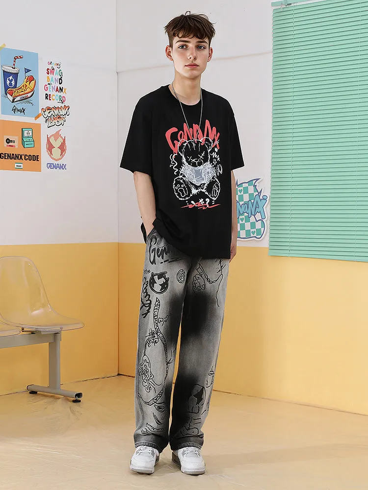 Bear print letter print loose sleeved cotton round neck T-shirt