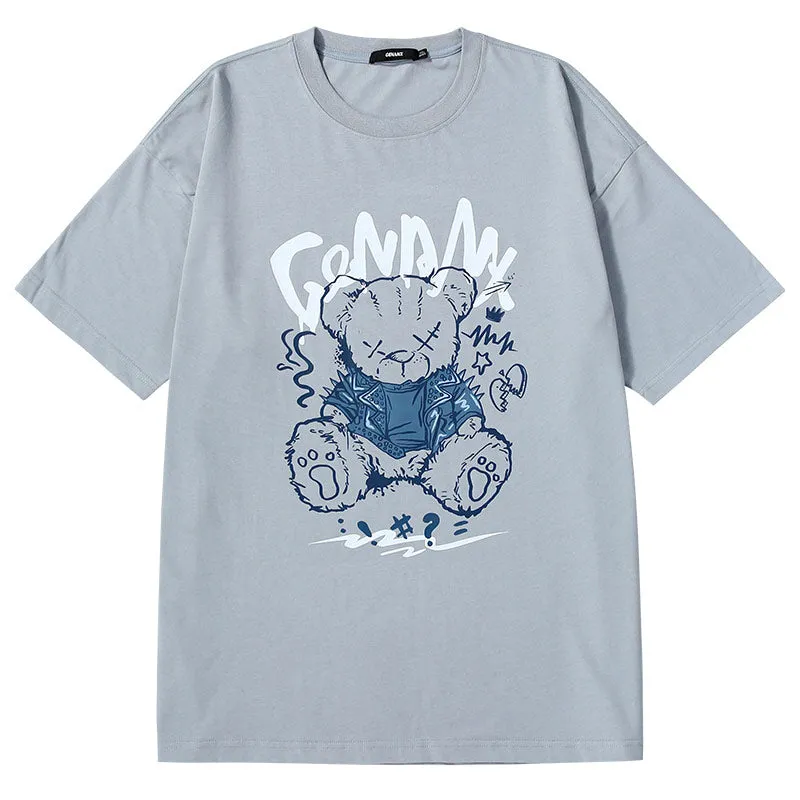 Bear print letter print loose sleeved cotton round neck T-shirt