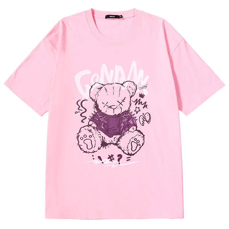 Bear print letter print loose sleeved cotton round neck T-shirt