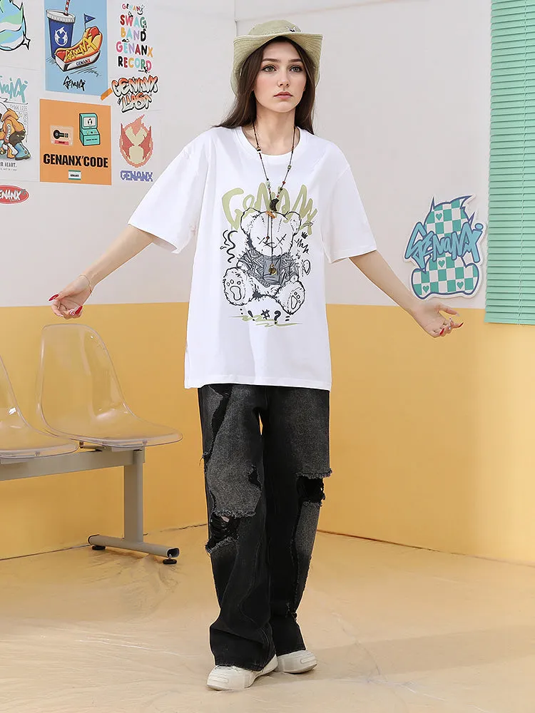 Bear print letter print loose sleeved cotton round neck T-shirt