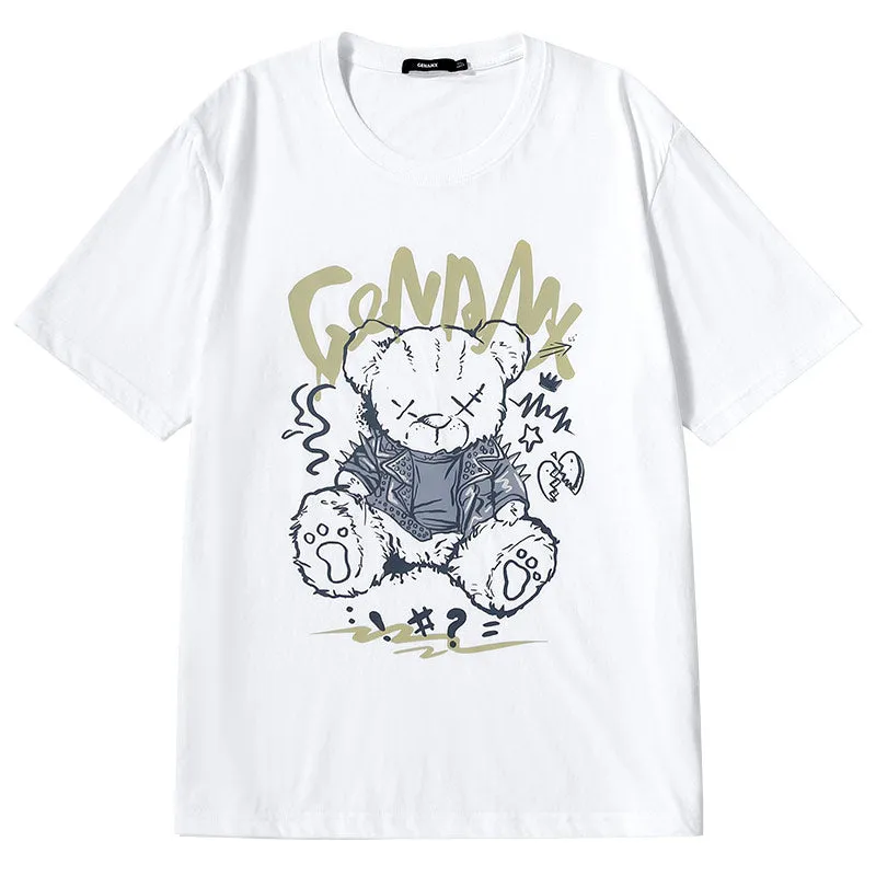 Bear print letter print loose sleeved cotton round neck T-shirt