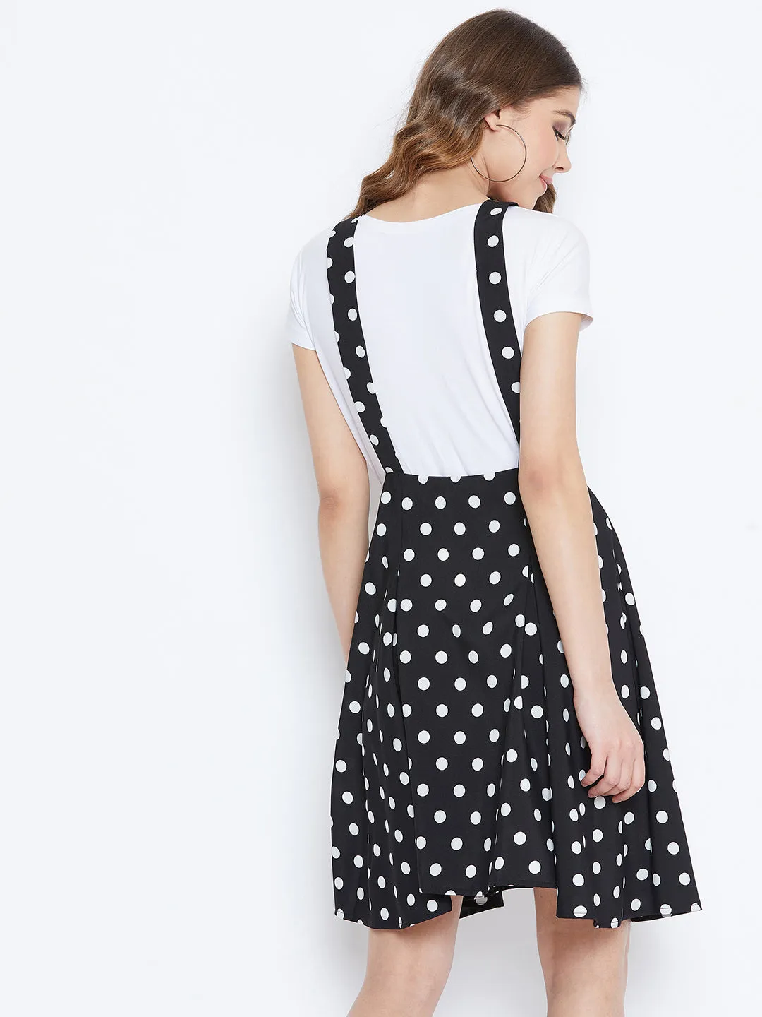 Berrylush Women Black & White Polka Dot Printed Mid-Rise Flared Mini Skirt With Shoulder Straps