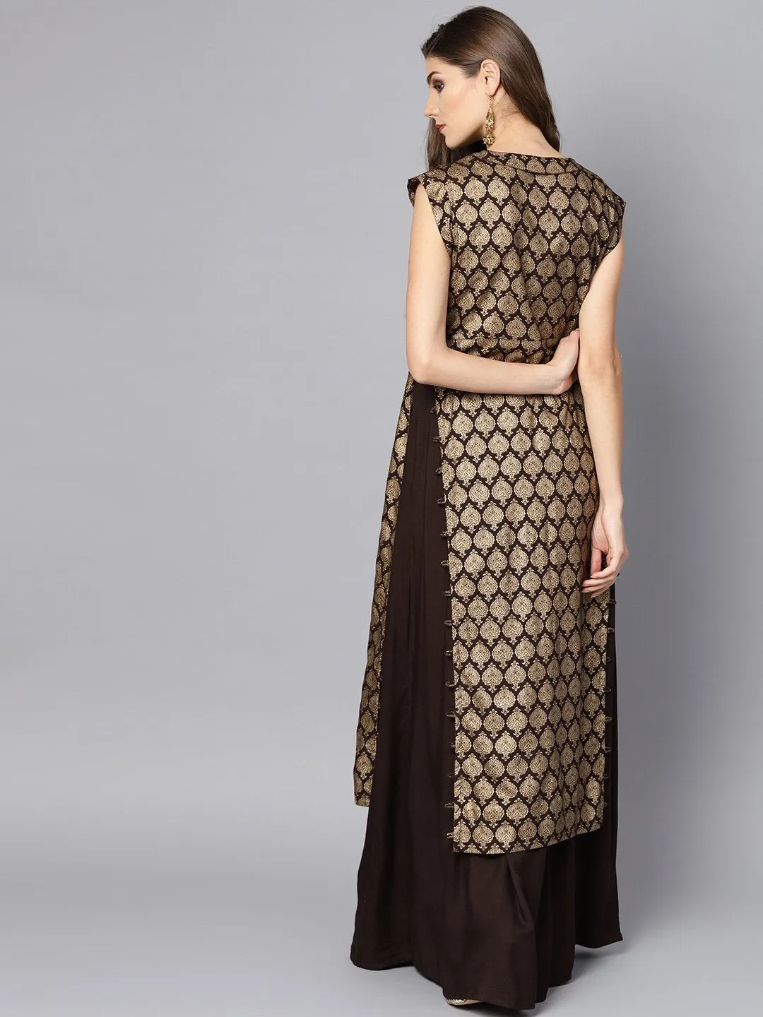 Black And Gold Printed Kurta Set With Ankle Length Skirt