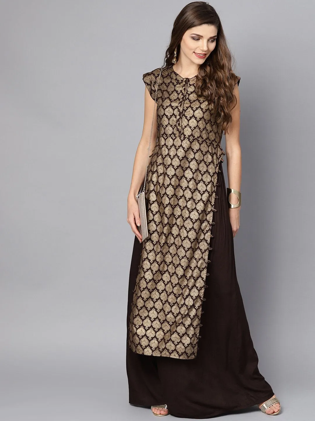 Black And Gold Printed Kurta Set With Ankle Length Skirt