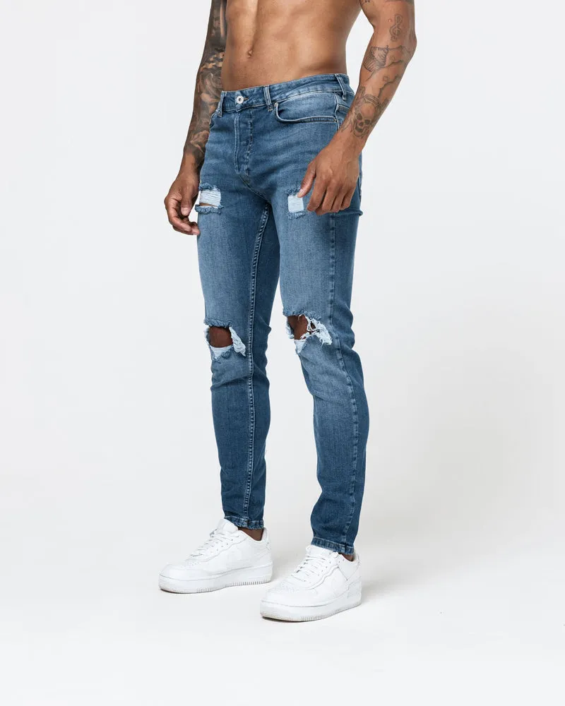 Blown Knee Skinny Jeans - Blue Wash