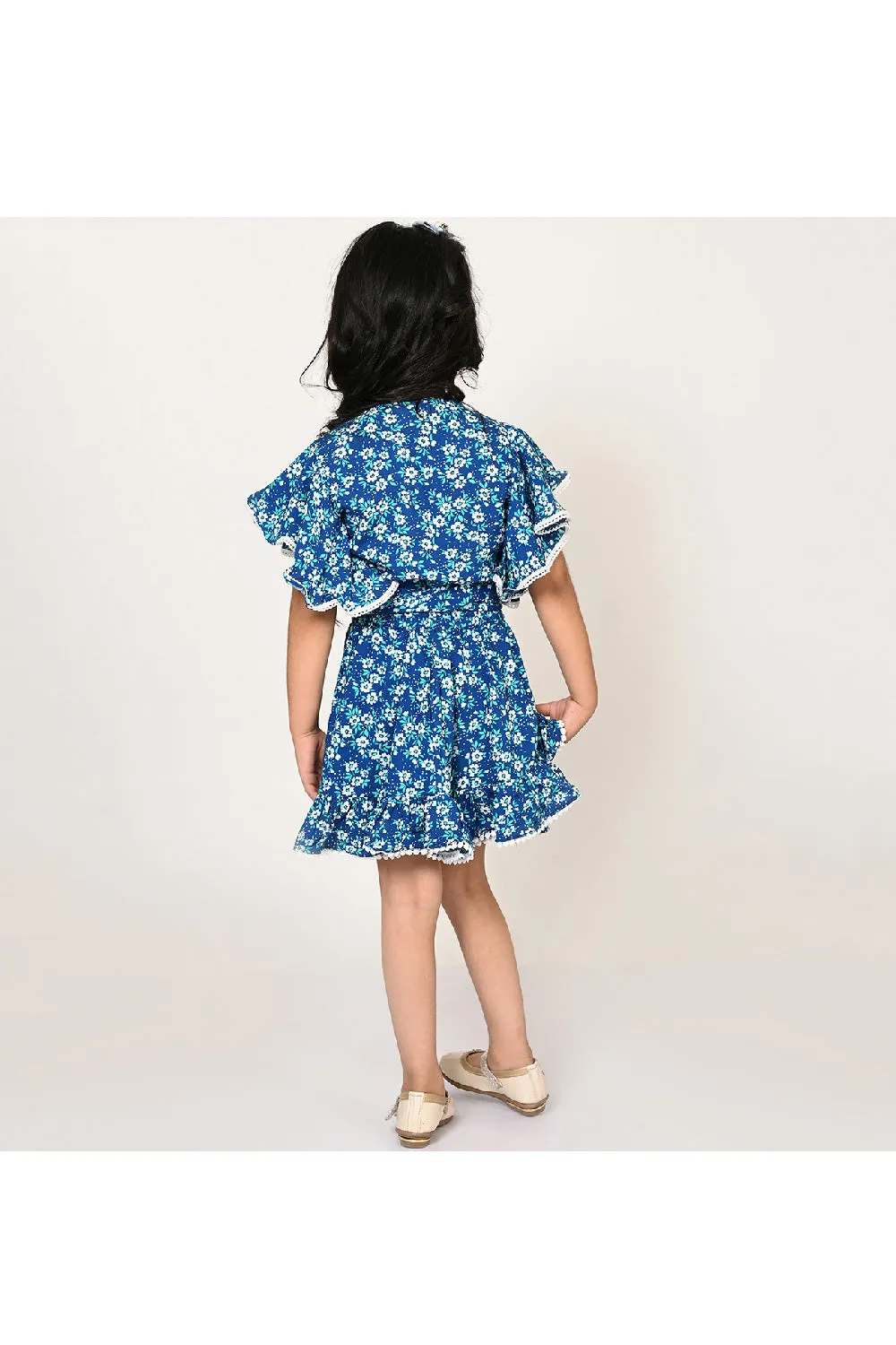 Blue Floral Printed Ruffle Sleeved Crop Top With Skirt Set