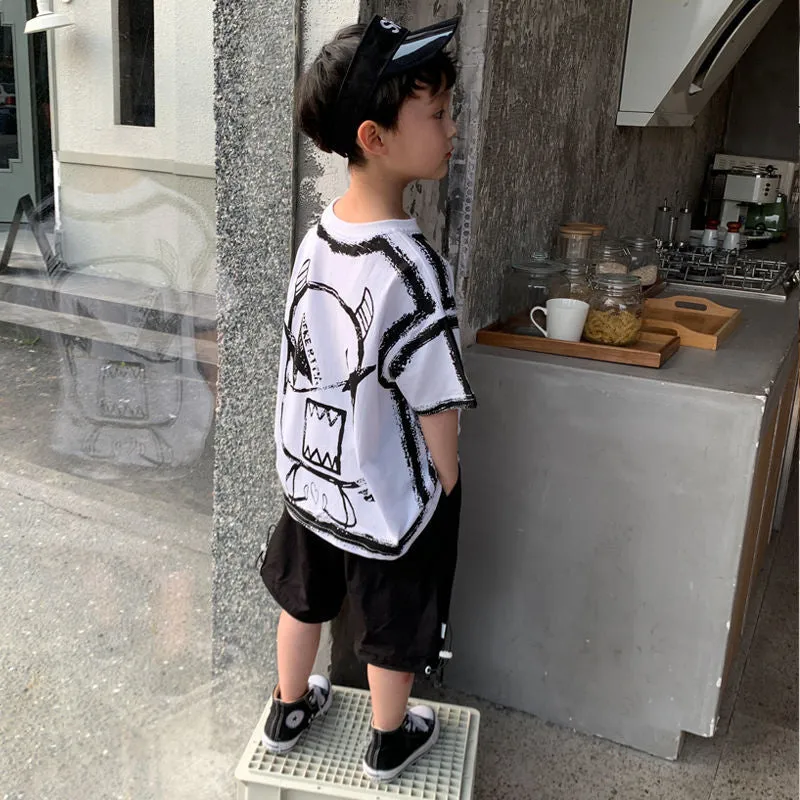 Boys Cartoon Print T-shirt   Shorts Set