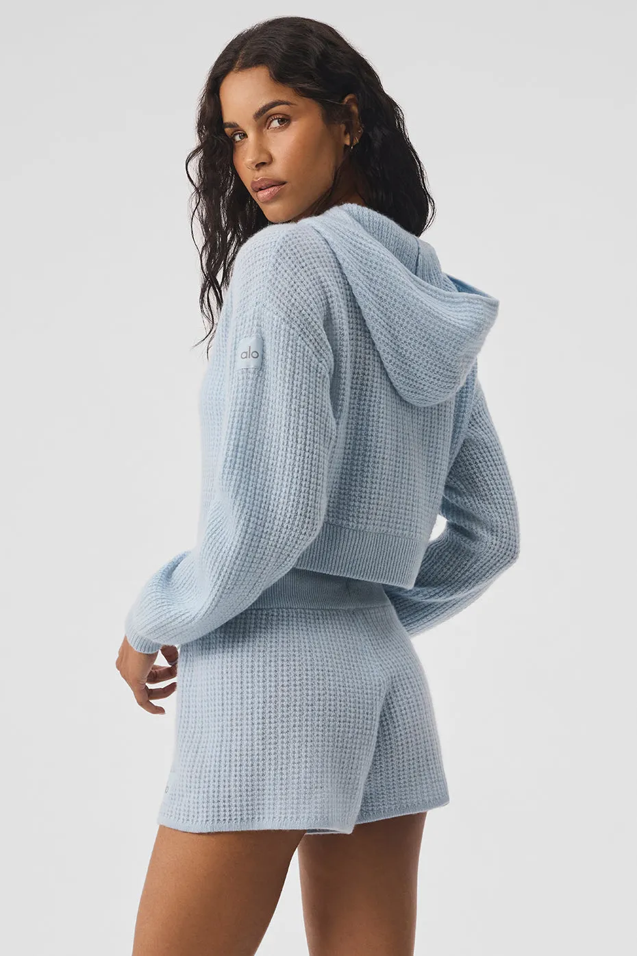 Cashmere Plush Waffle Full Zip Hoodie - Crystal Blue