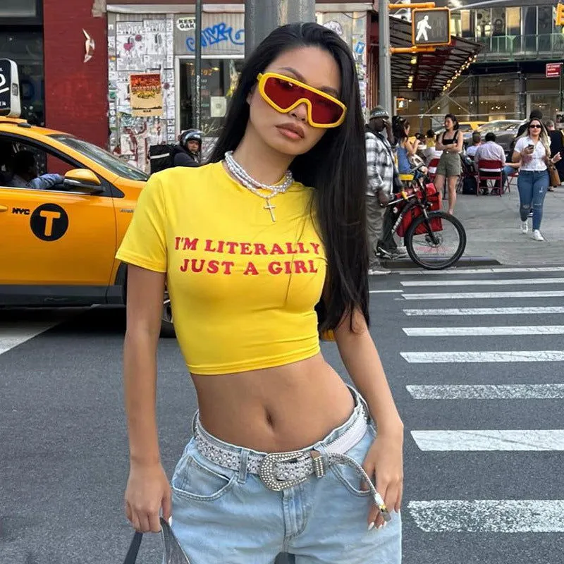 Casual All Match Round Neck Shoulder Letter Graphic Printed High Waist Cropped Short Chic T Shirt Summer