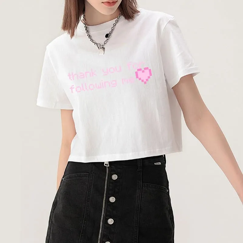 CORIRESHA Women's Cute Heart Print Crewneck Short Sleeve Crop Letters T-Shirt