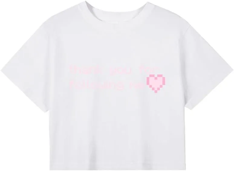 CORIRESHA Women's Cute Heart Print Crewneck Short Sleeve Crop Letters T-Shirt