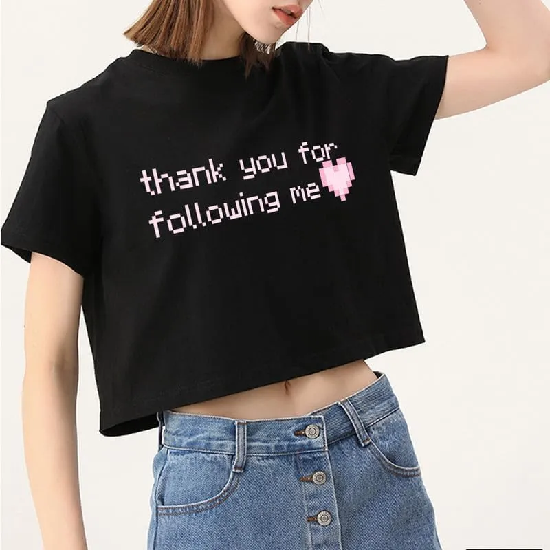 CORIRESHA Women's Cute Heart Print Crewneck Short Sleeve Crop Letters T-Shirt