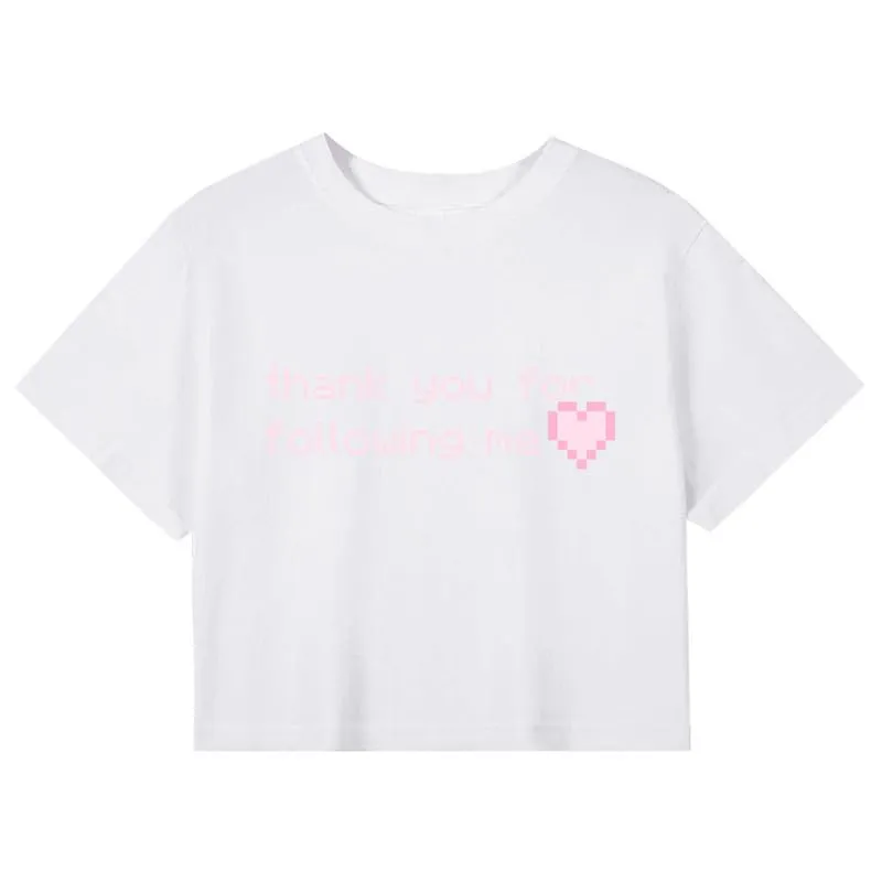 CORIRESHA Women's Cute Heart Print Crewneck Short Sleeve Crop Letters T-Shirt