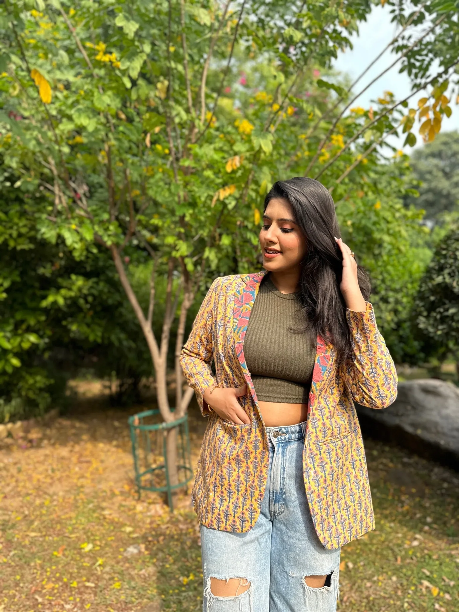 Ditsy Block Printed Blazer - Yellow