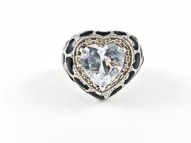 Fun Unique Heart Shape Center CZ Polka Dot Pattern Brass Ring