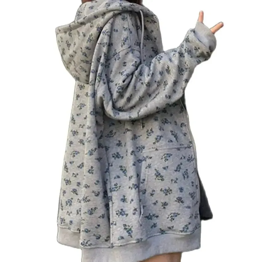 Girlary Grey Printed Coats Women Hooded Winter Plush Casual All Match Office Lady Printed Elegant Daily Loose Fashion New