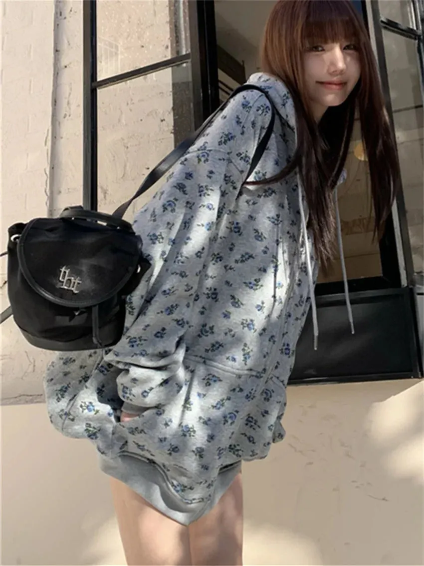 Girlary Grey Printed Coats Women Hooded Winter Plush Casual All Match Office Lady Printed Elegant Daily Loose Fashion New