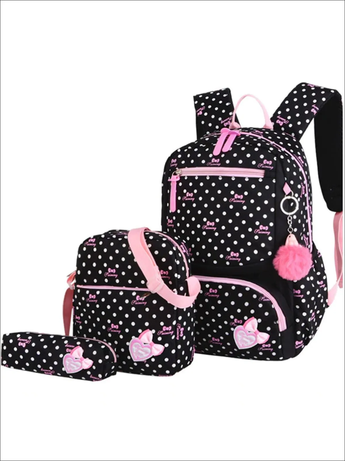 Girls 16" Polka Dot 3pc Backpack Set With Bunny Pom Pom Key Chain