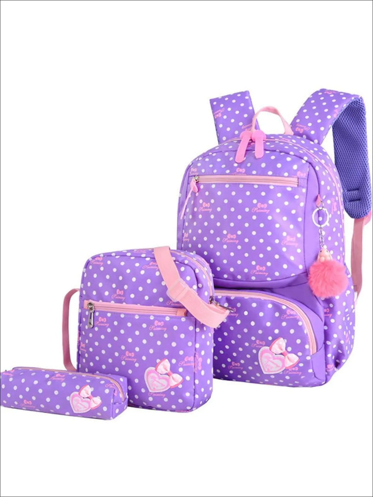 Girls 16" Polka Dot 3pc Backpack Set With Bunny Pom Pom Key Chain