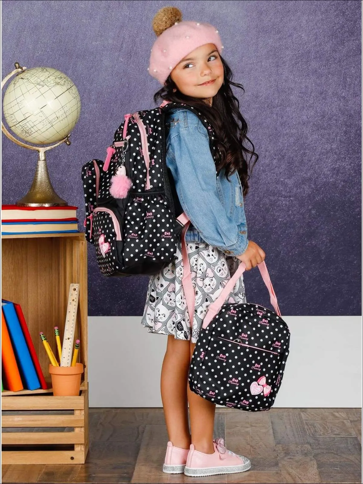 Girls 16" Polka Dot 3pc Backpack Set With Bunny Pom Pom Key Chain