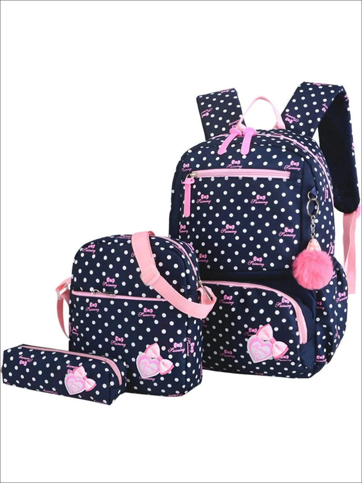 Girls 16" Polka Dot 3pc Backpack Set With Bunny Pom Pom Key Chain