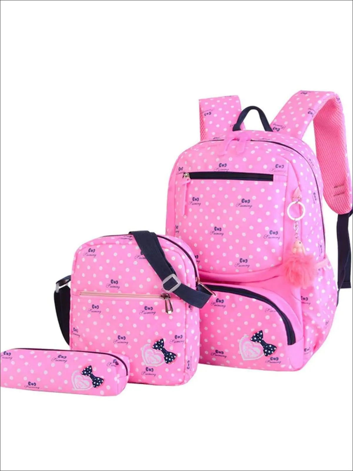 Girls 16" Polka Dot 3pc Backpack Set With Bunny Pom Pom Key Chain