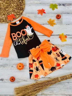 Girls Orange And Black Halloween Themed "BOOtiful" Raglan Long Sleeve Ghost Top And Printed Skirt Set