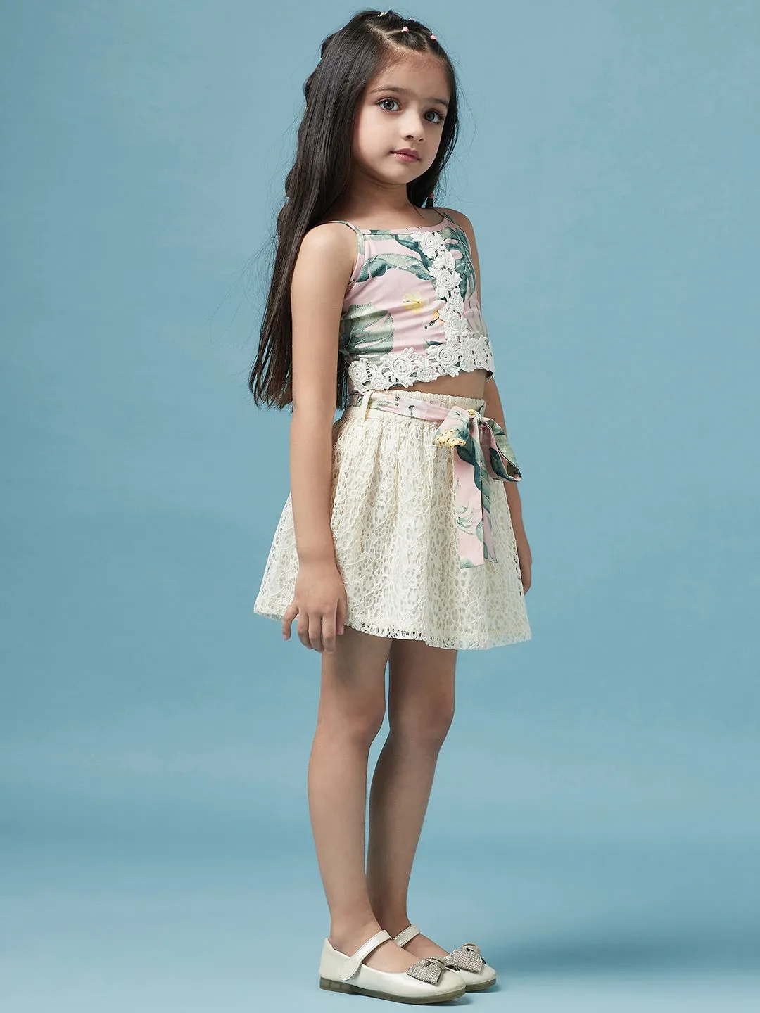 Girls Printed Sleeveless Top With Skirt - Ps Peaches