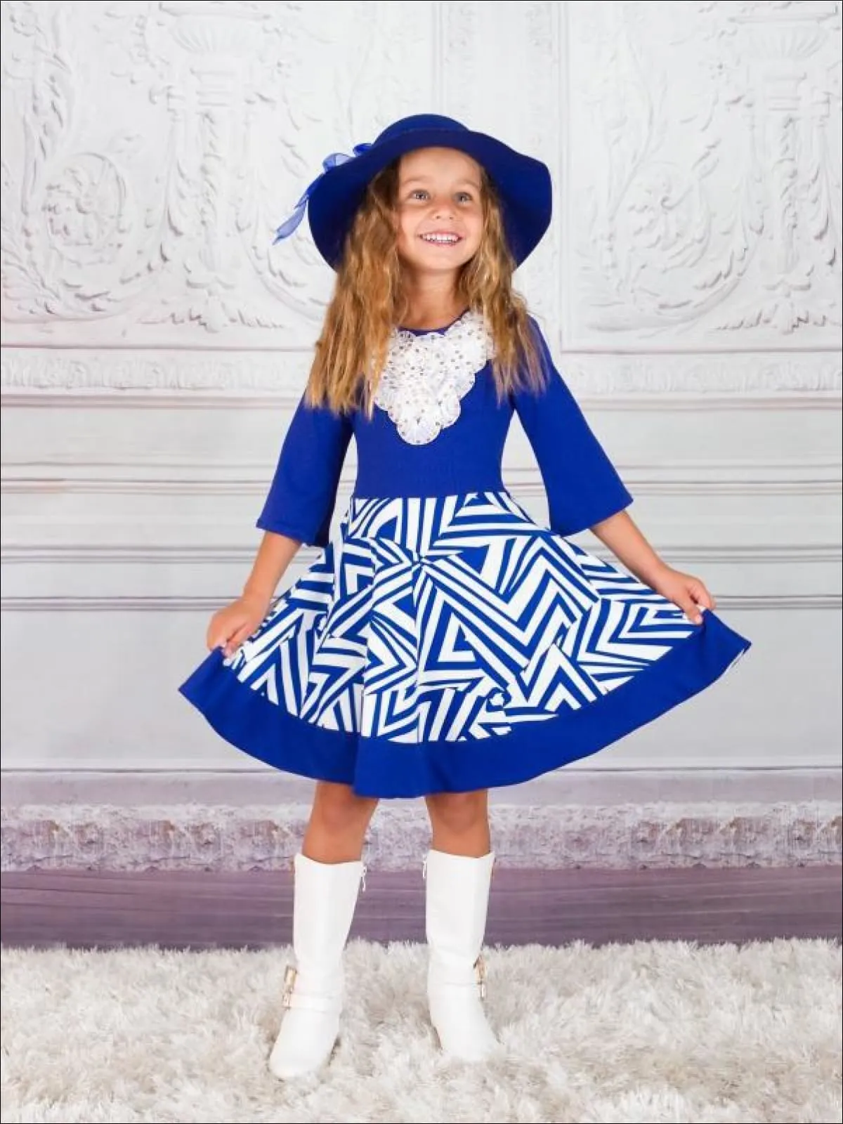 Girls Royal and Creme Circle Skirt Fancy Collar Printed Dress