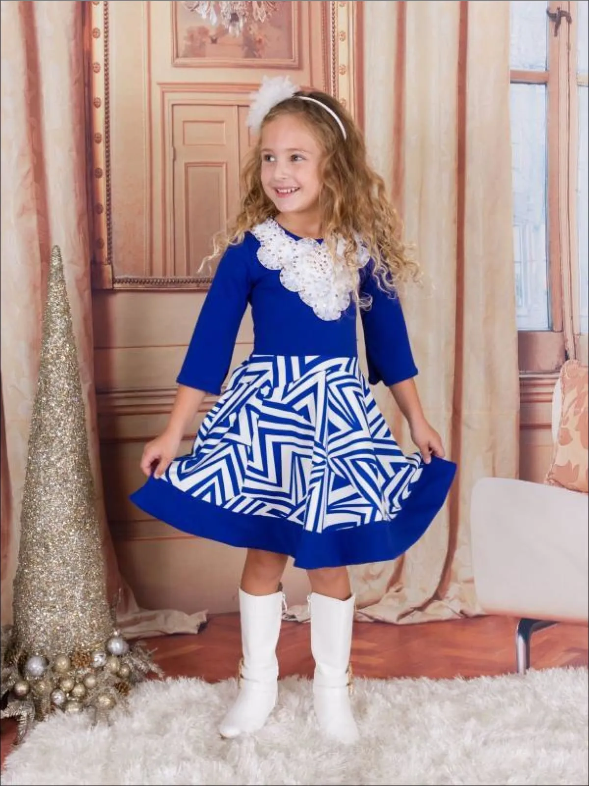 Girls Royal and Creme Circle Skirt Fancy Collar Printed Dress