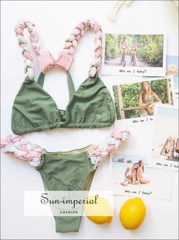 Green Brazilian Bikini With Pink Strap Braid Detail