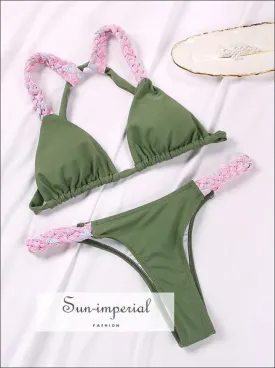 Green Brazilian Bikini With Pink Strap Braid Detail