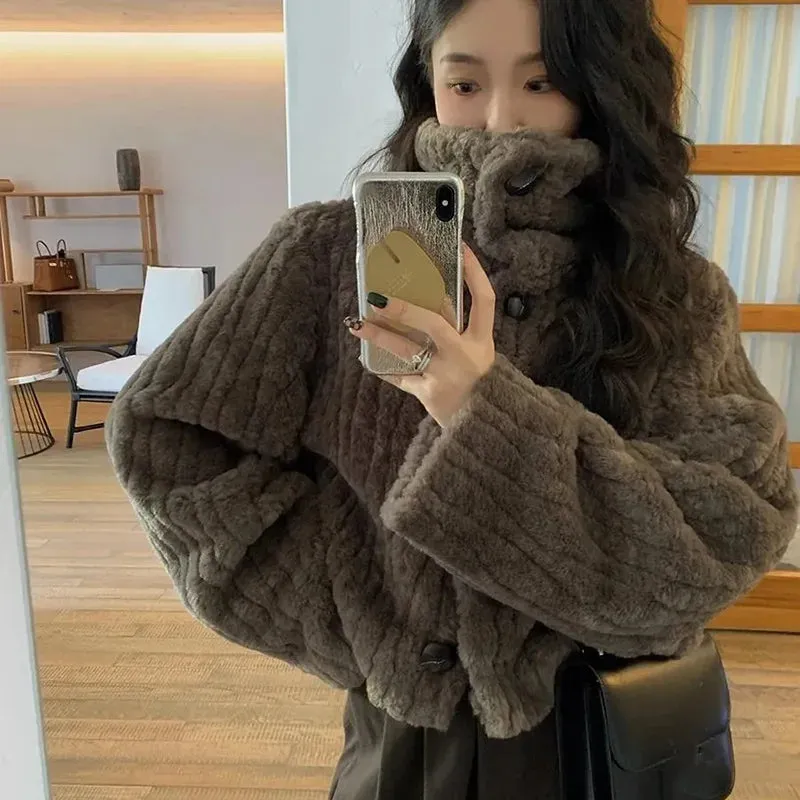 Hnewly WINTER OUTFITS Winter Warm Lambswool Coats Women Fashion Korean Padded Cotton Outerwear Woman Stand Collar Cropped Jacket Female 2024