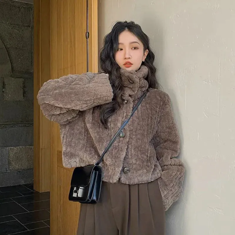 Hnewly WINTER OUTFITS Winter Warm Lambswool Coats Women Fashion Korean Padded Cotton Outerwear Woman Stand Collar Cropped Jacket Female 2024