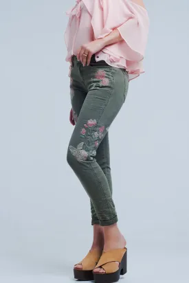 Khaki Jeans With Embroidered Flower