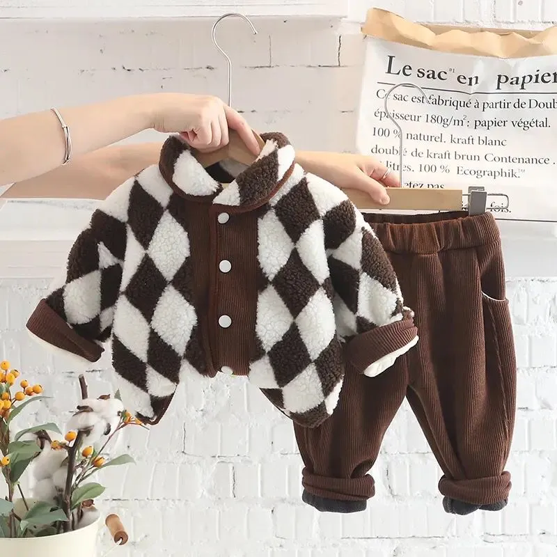 Kids Warm Plush Coats Pants for Baby Boys Girls Clothing Sets Autumn Winter Children Outdoor Clothes Thicken Warm Infant Outfits X4738019