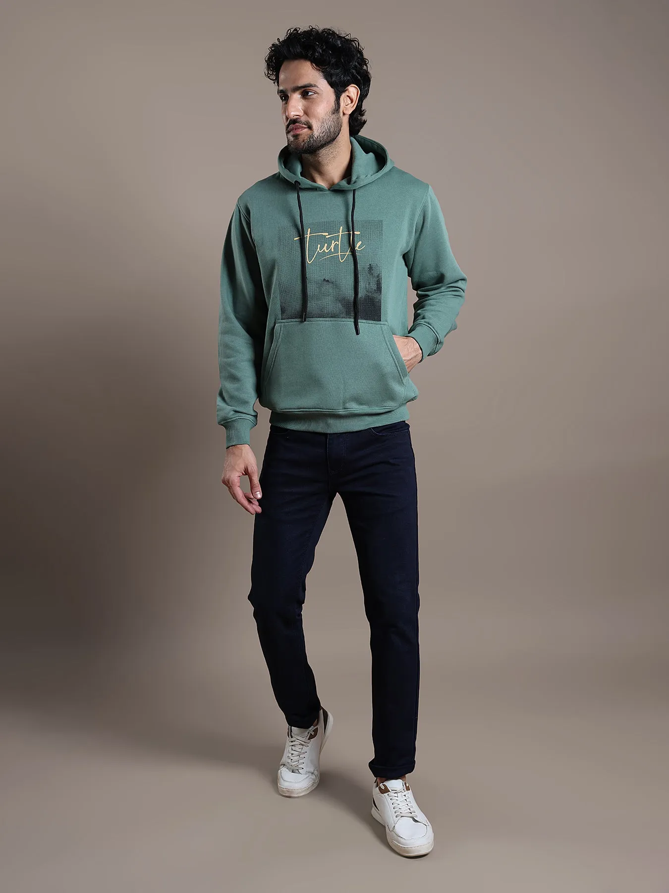 Knitted Green Printed Full Sleeve Casual Hooded Sweatshirt